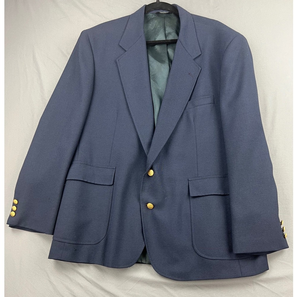 Wall Street Collection Blazer Mens 46R Navy Blue Gold Button Sport Coat Made USA